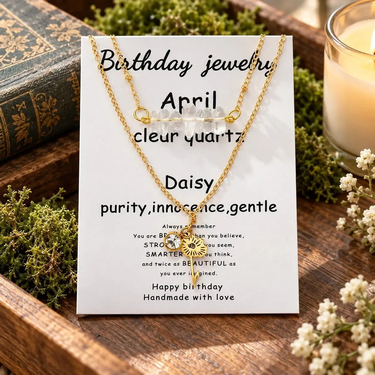 April necklace card labeled Clear Quartz and Daisy