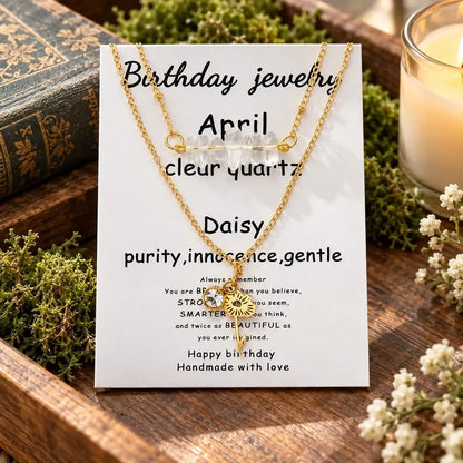 April necklace card labeled Clear Quartz and Daisy