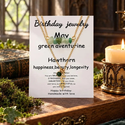 May necklace card labeled Green Aventurine and Hawthorn