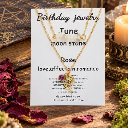 June necklace card labeled Moonstone and Rose