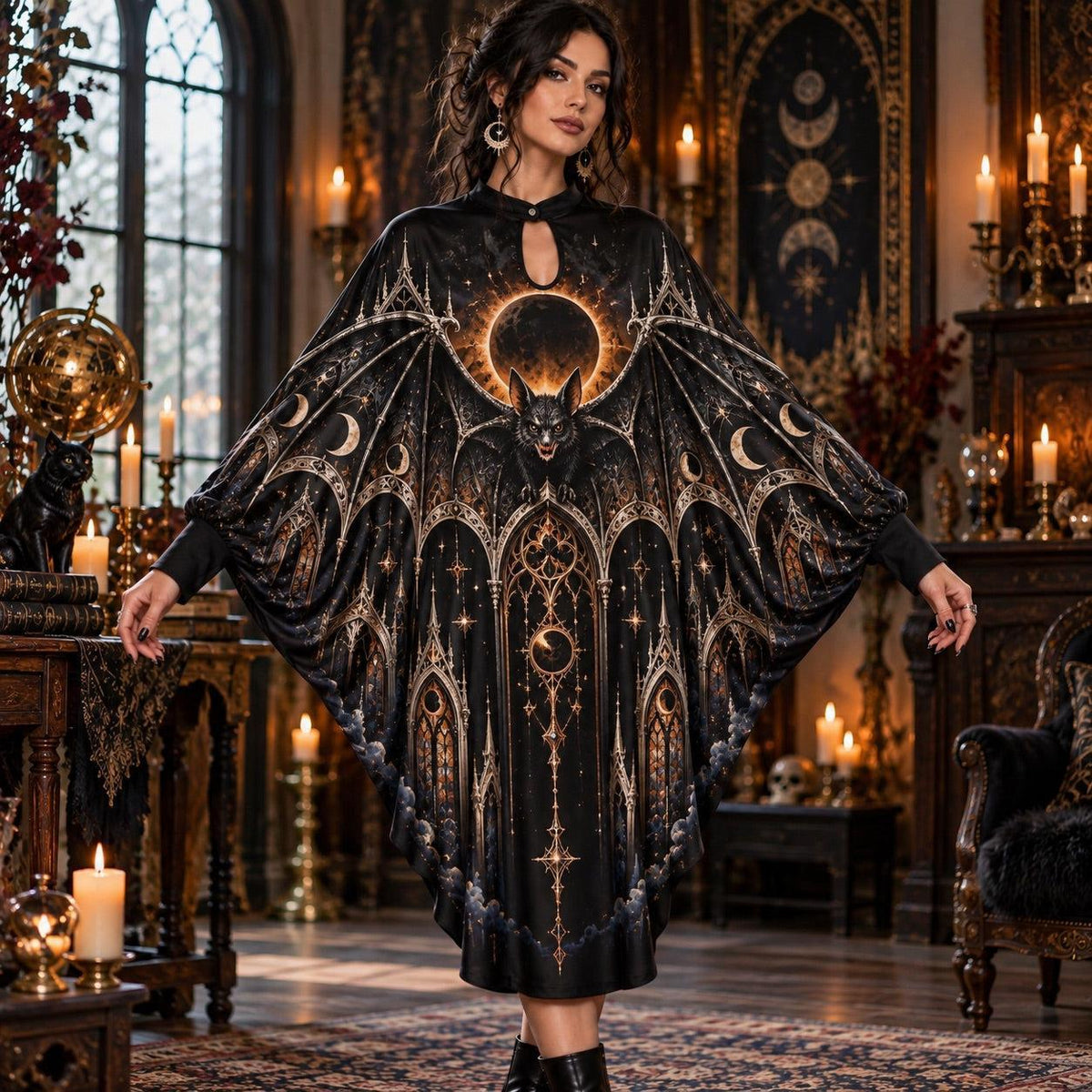Eclipse Bat Cathedral Gothic Batwing Dress – Witchy Halloween Midi – worn, front view