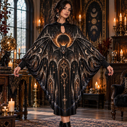 Eclipse Bat Cathedral Gothic Batwing Dress – Witchy Halloween Midi – worn, front view