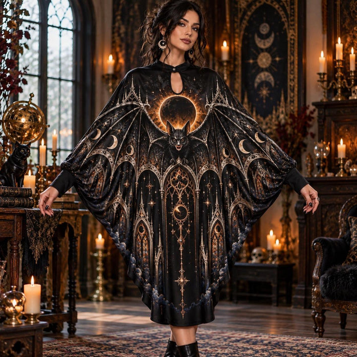 Eclipse Bat Cathedral Gothic Batwing Dress – Witchy Halloween Midi – worn, front view
