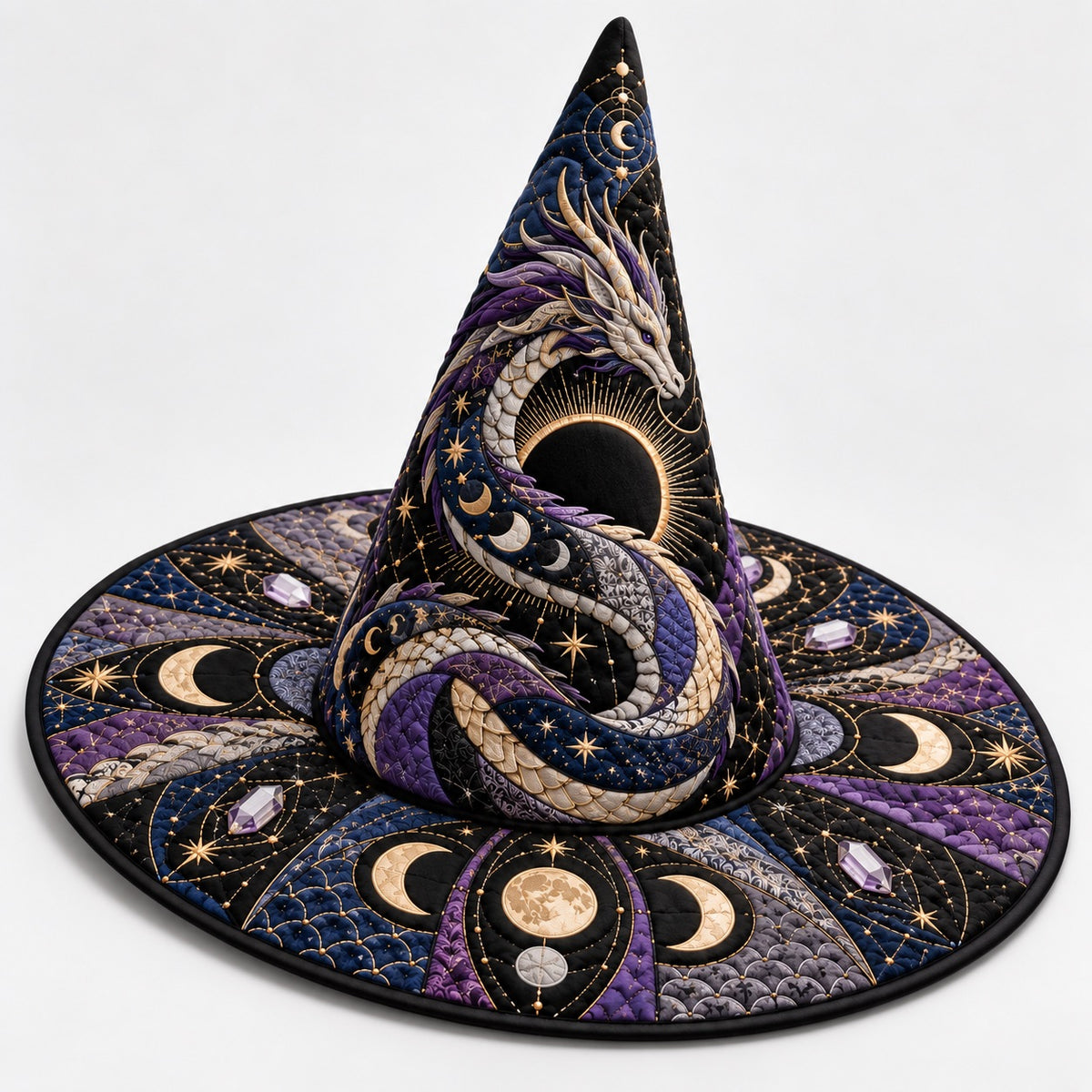 Eclipse Dragon Quilted Witch Hat – Moon Phase Celestial Brim Hat – studio shot on a white background
