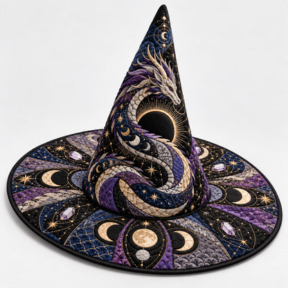 Eclipse Dragon Quilted Witch Hat – Moon Phase Celestial Brim Hat – studio shot on a white background