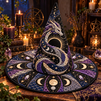 Eclipse Dragon Quilted Witch Hat – Moon Phase Celestial Brim Hat – styled with candles and crystals