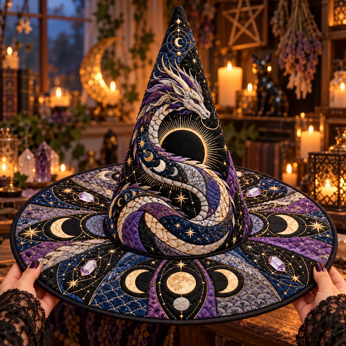 Eclipse Dragon Quilted Witch Hat – Moon Phase Celestial Brim Hat – held in both hands