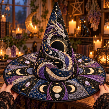 Eclipse Dragon Quilted Witch Hat – Moon Phase Celestial Brim Hat – held in both hands