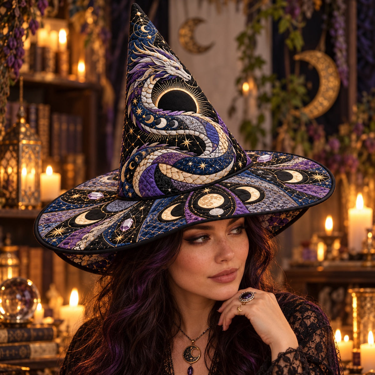 Eclipse Dragon Quilted Witch Hat – Moon Phase Celestial Brim Hat – worn by a model