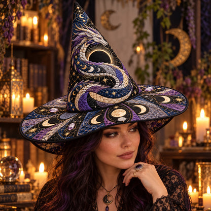 Eclipse Dragon Quilted Witch Hat – Moon Phase Celestial Brim Hat – worn by a model