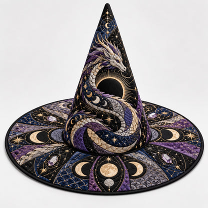 Eclipse Dragon Quilted Witch Hat – Moon Phase Celestial Brim Hat – studio shot on a white background