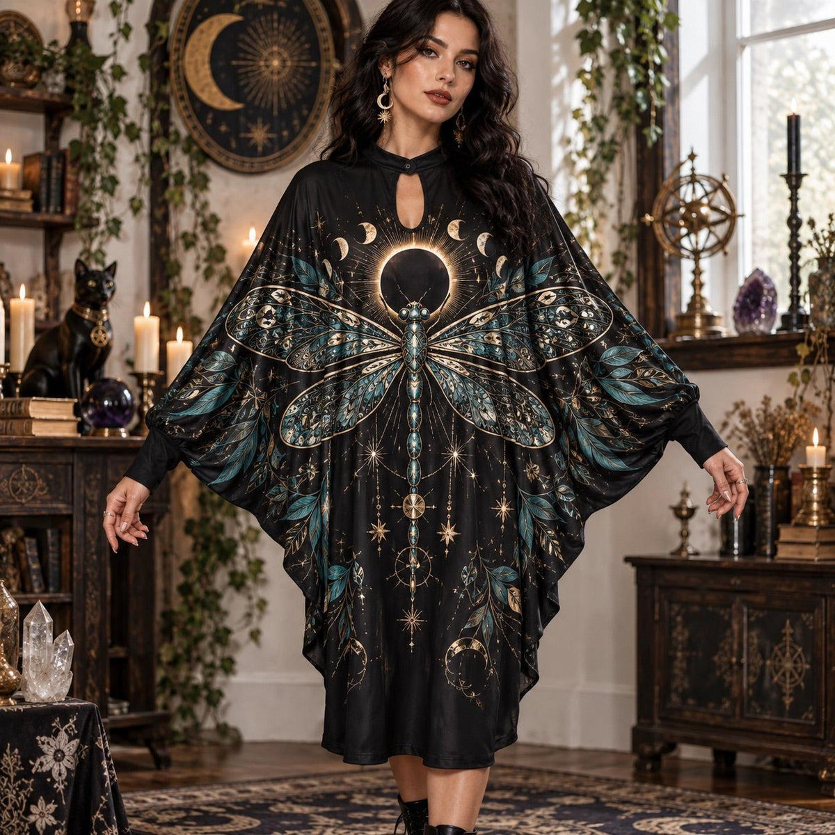 Eclipse Dragonfly Celestial Batwing Dress – Witchy Gothic Moon Midi – worn, front view