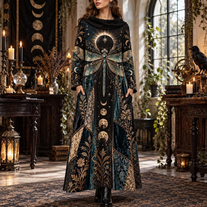 Eclipse Dragonfly Celestial Cowl Neck Dress – Witchy Moon Maxi – worn, front view