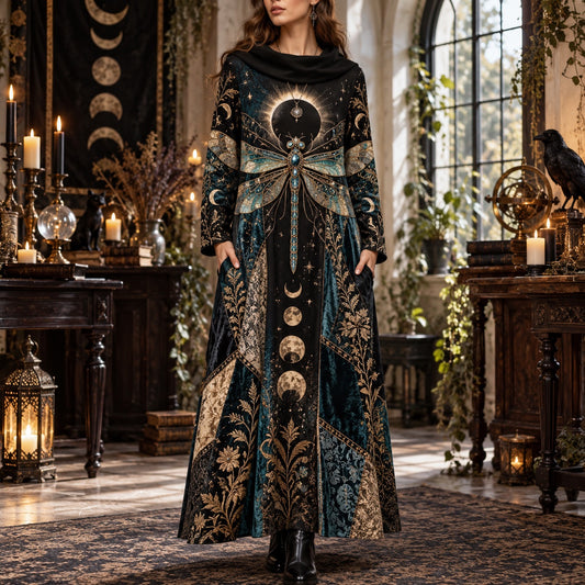 Eclipse Dragonfly Celestial Cowl Neck Dress – Witchy Moon Maxi – worn, front view