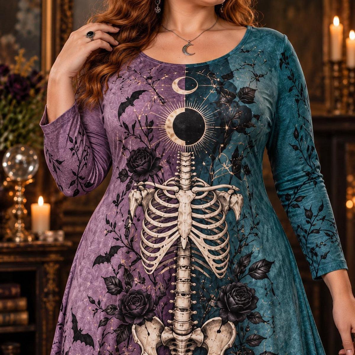 Eclipse Moon Skeleton Plus Size Witch Dress – Bat Rose Long Sleeve Maxi – close up of the printed artwork