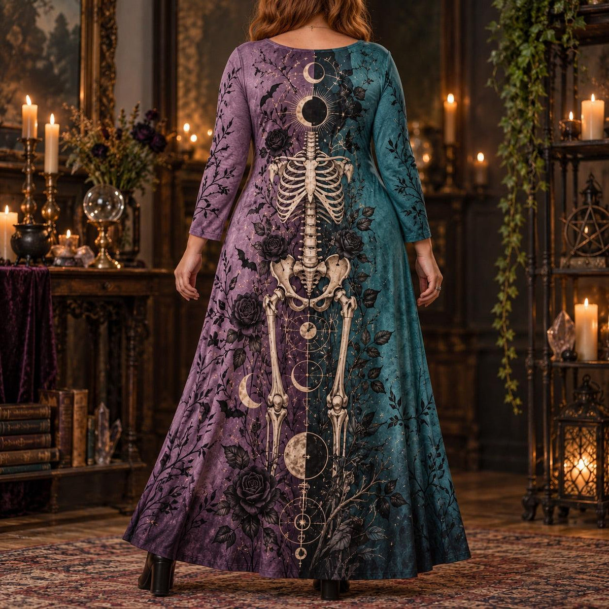 Eclipse Moon Skeleton Plus Size Witch Dress – Bat Rose Long Sleeve Maxi – worn, back view