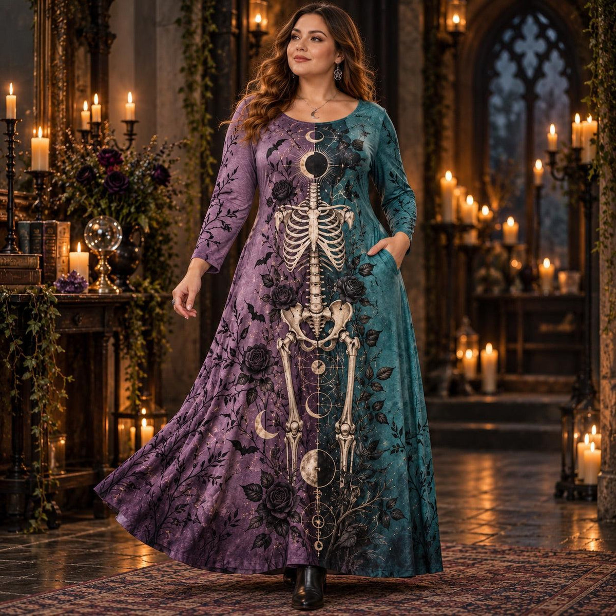 Eclipse Moon Skeleton Plus Size Witch Dress – Bat Rose Long Sleeve Maxi – worn, in motion