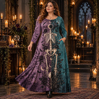 Eclipse Moon Skeleton Plus Size Witch Dress – Bat Rose Long Sleeve Maxi – worn, in motion