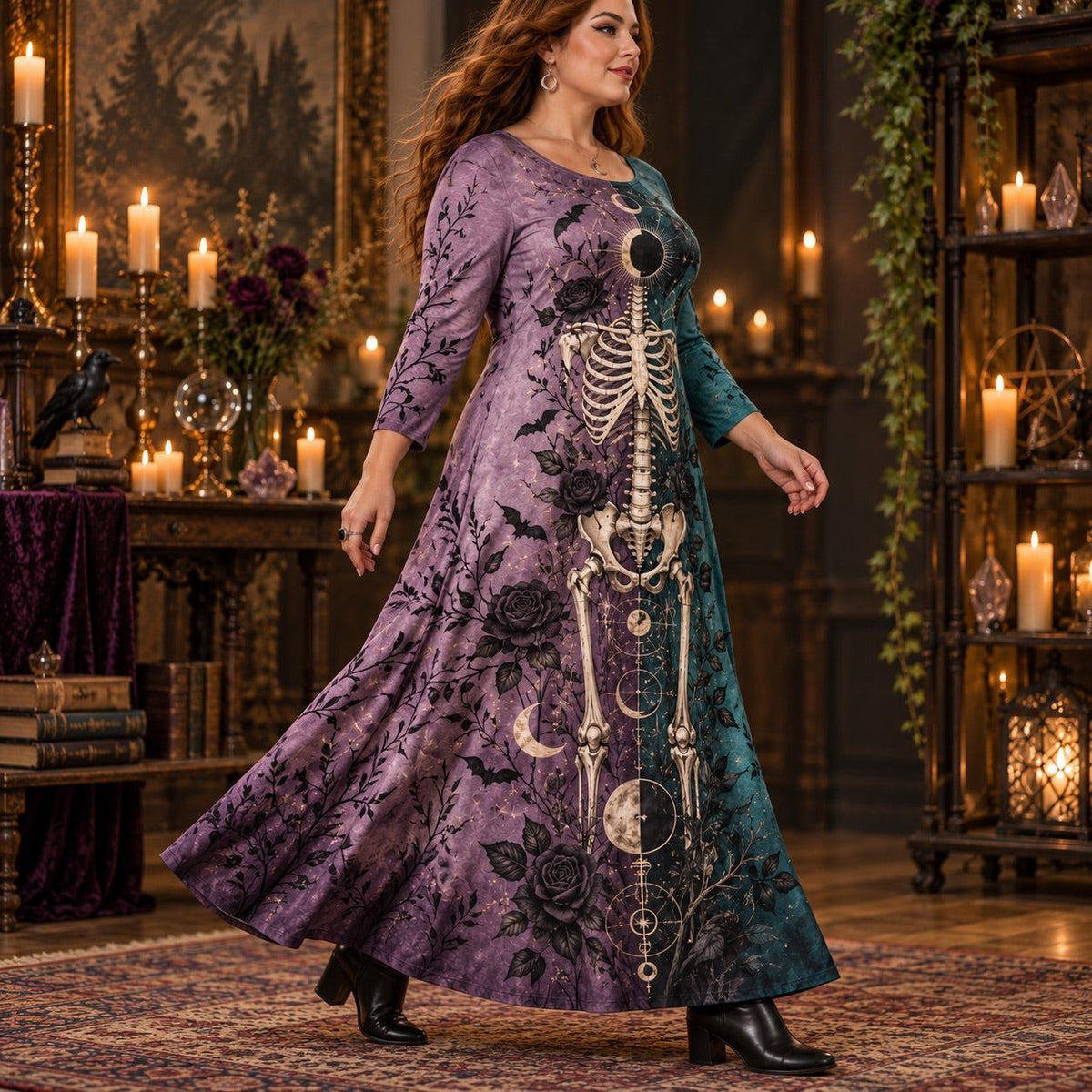 Eclipse Moon Skeleton Plus Size Witch Dress – Bat Rose Long Sleeve Maxi – worn, three quarter view