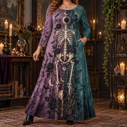 Eclipse Moon Skeleton Plus Size Witch Dress – Bat Rose Long Sleeve Maxi – worn, front view