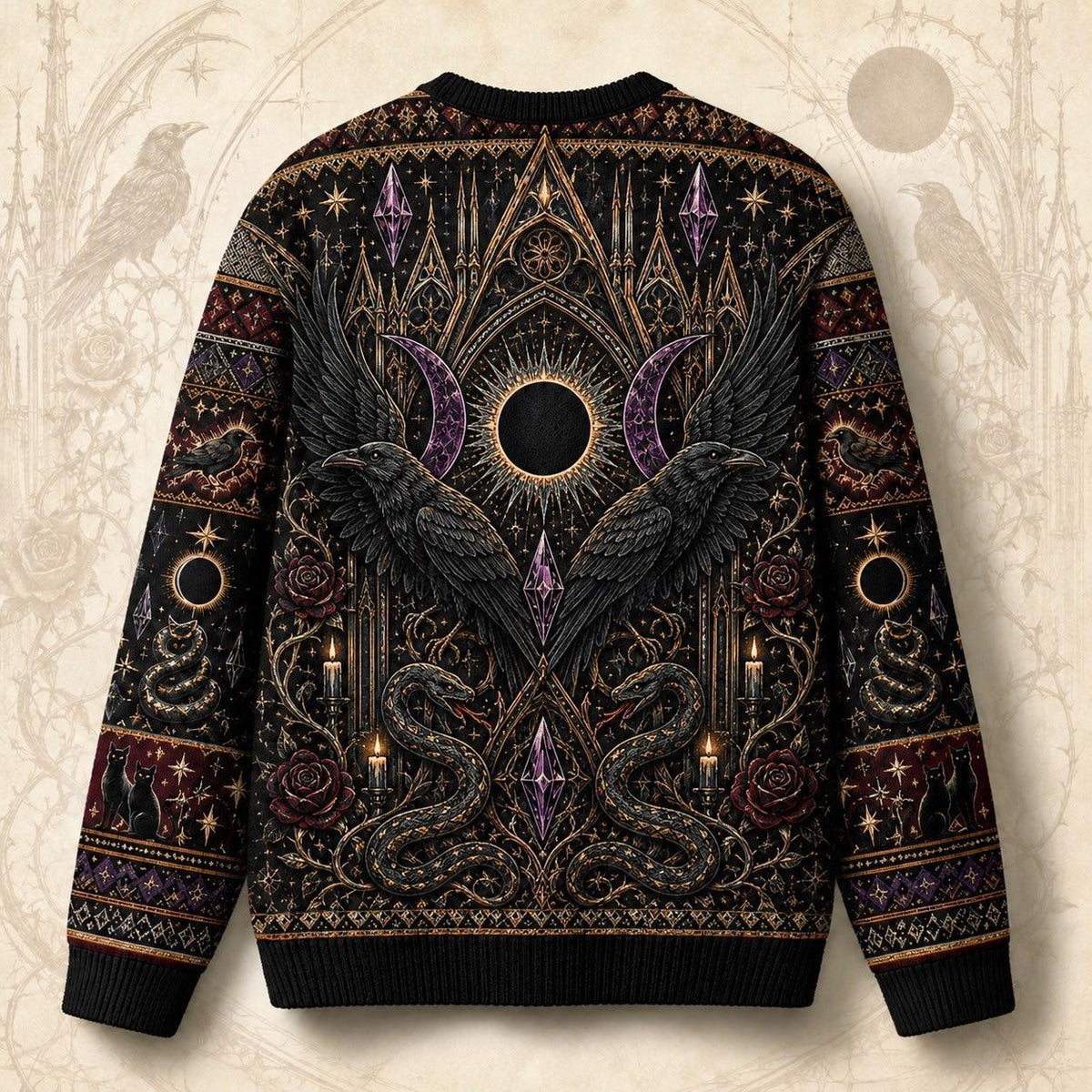 Eclipse Raven Sweater Hooded Figure Serpent Purple Occult Knit back view