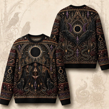 Eclipse Raven Sweater Hooded Figure Serpent Purple Occult Knit front and back together