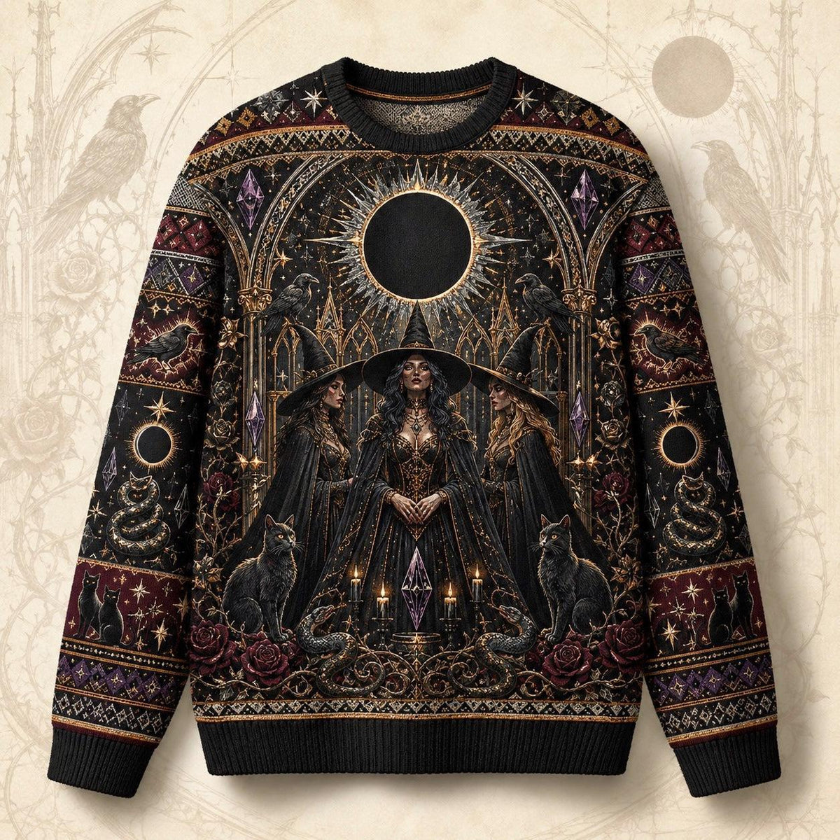 Eclipse Raven Sweater Hooded Figure Serpent Purple Occult Knit front view