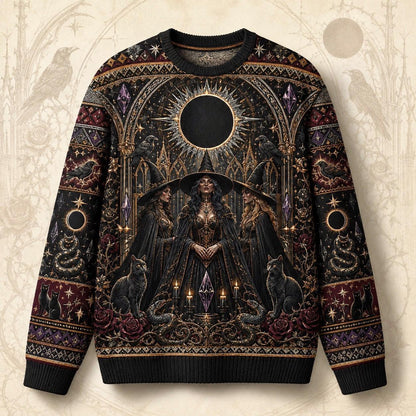 Eclipse Raven Sweater Hooded Figure Serpent Purple Occult Knit front view