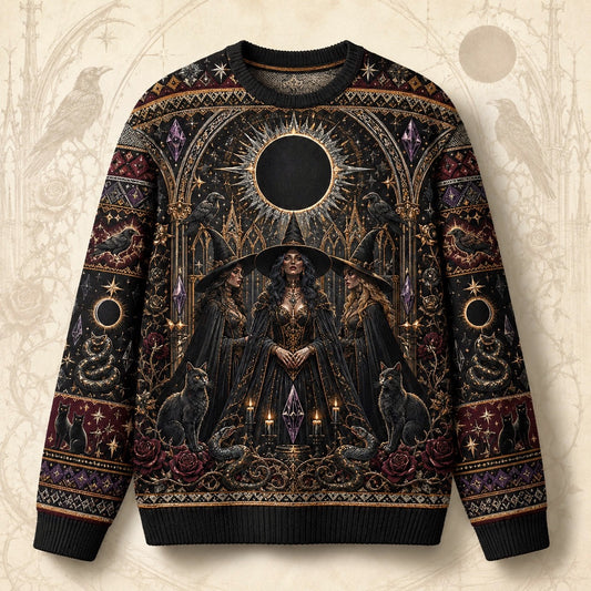 Eclipse Raven Sweater Hooded Figure Serpent Purple Occult Knit front view