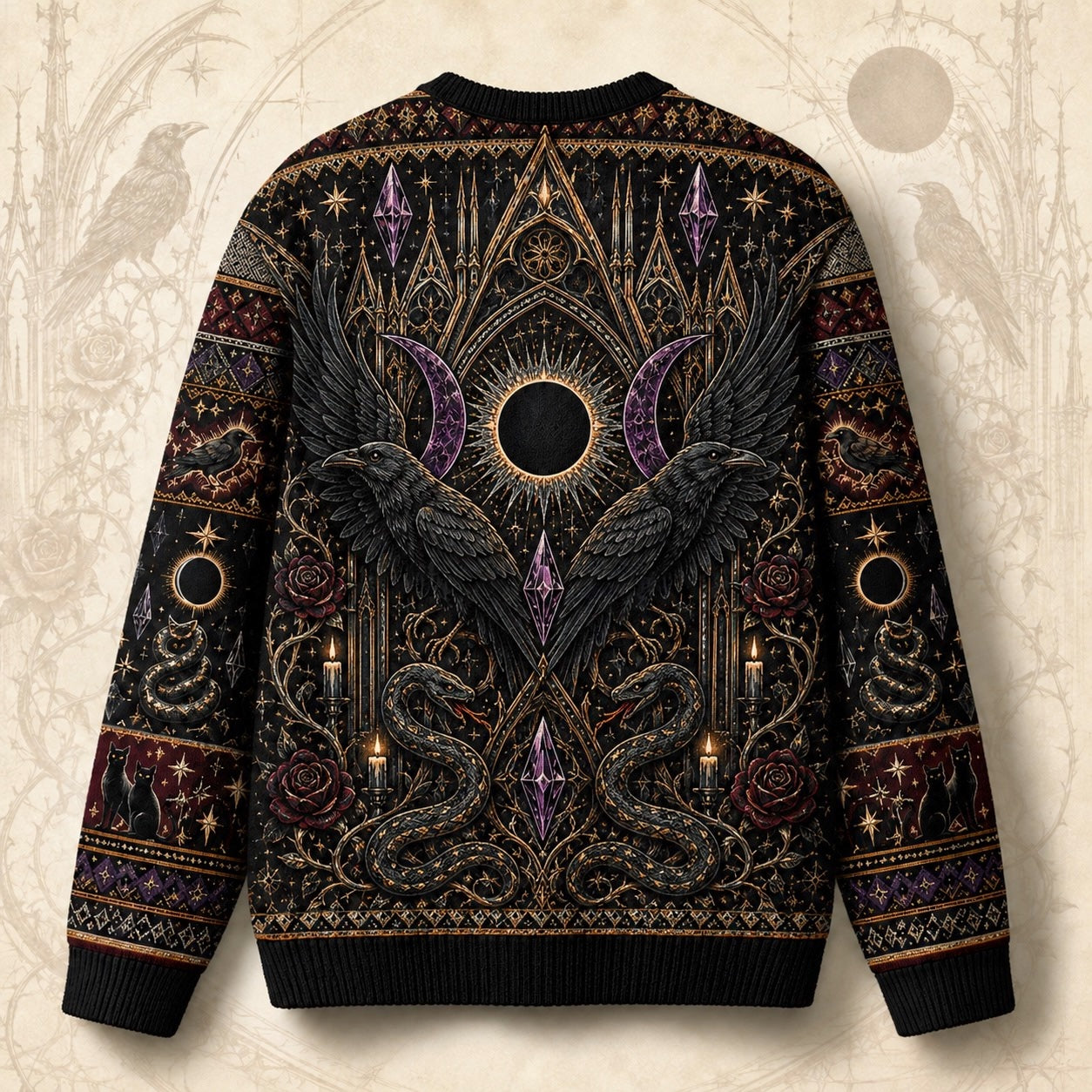 Eclipse Raven Sweater Hooded Figure Serpent Purple Occult Knit back view
