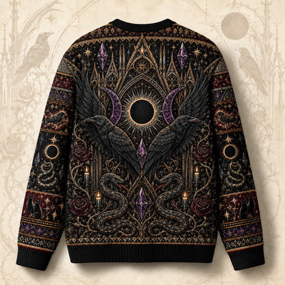 Eclipse Raven Sweater Hooded Figure Serpent Purple Occult Knit back view
