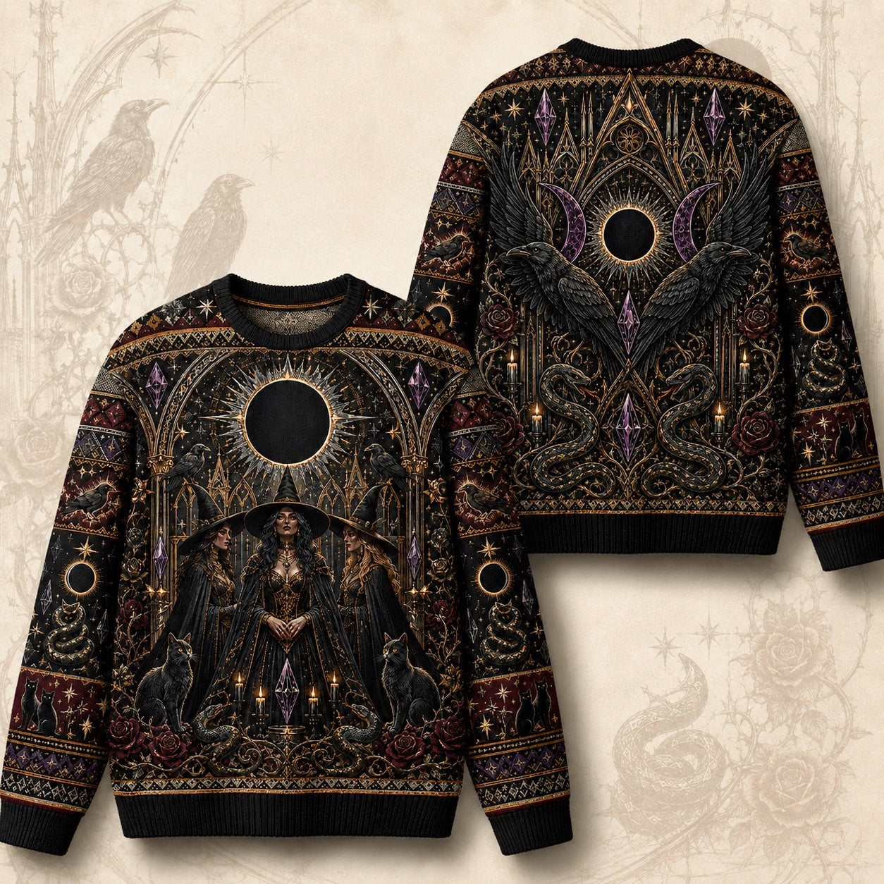 Eclipse Raven Sweater Hooded Figure Serpent Purple Occult Knit front and back together