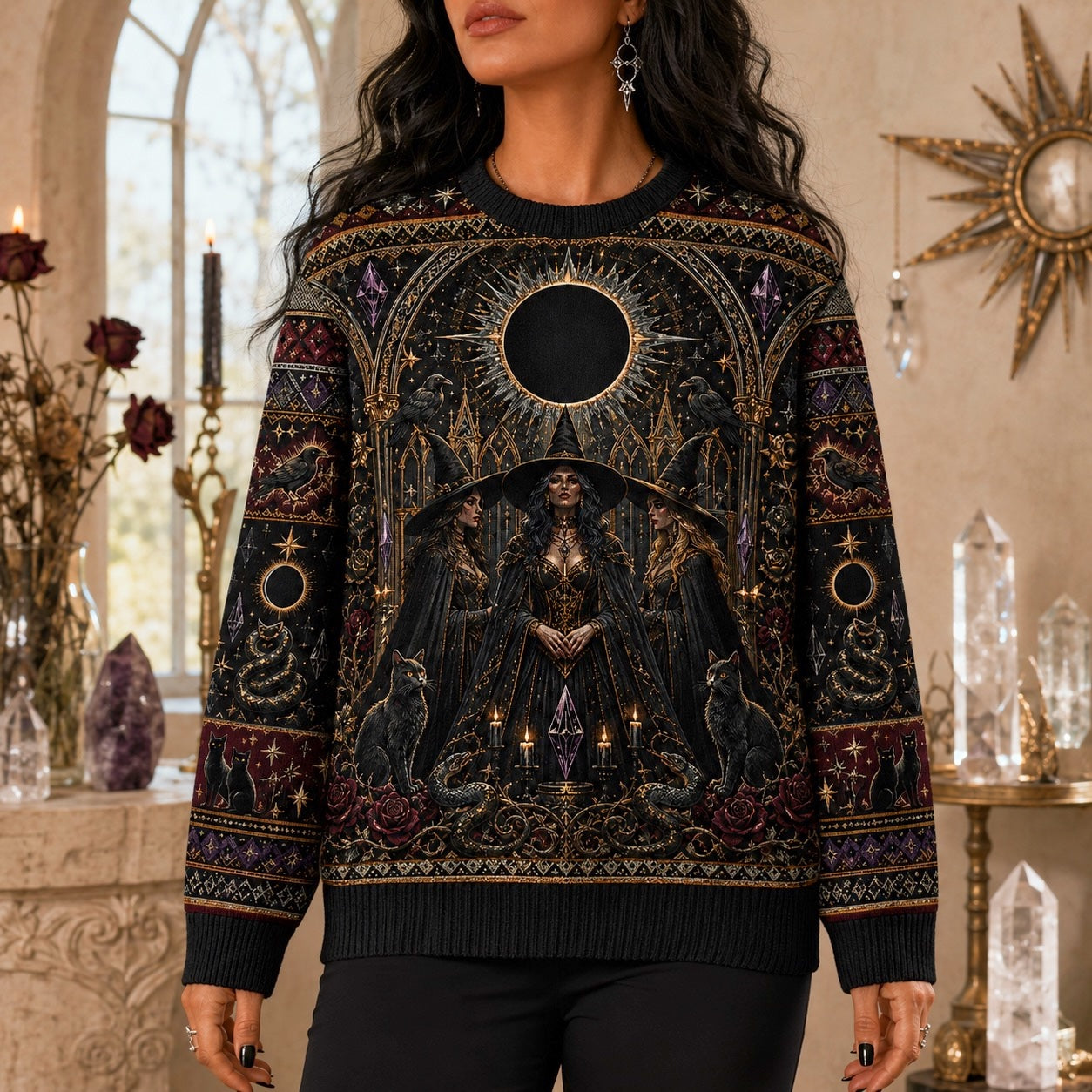 Eclipse Raven Sweater Hooded Figure Serpent Purple Occult Knit worn, front view