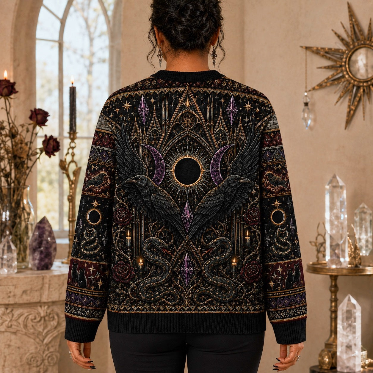 Eclipse Raven Sweater Hooded Figure Serpent Purple Occult Knit worn, back view