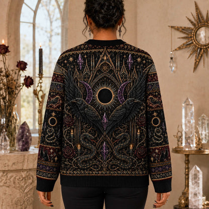 Eclipse Raven Sweater Hooded Figure Serpent Purple Occult Knit worn, back view