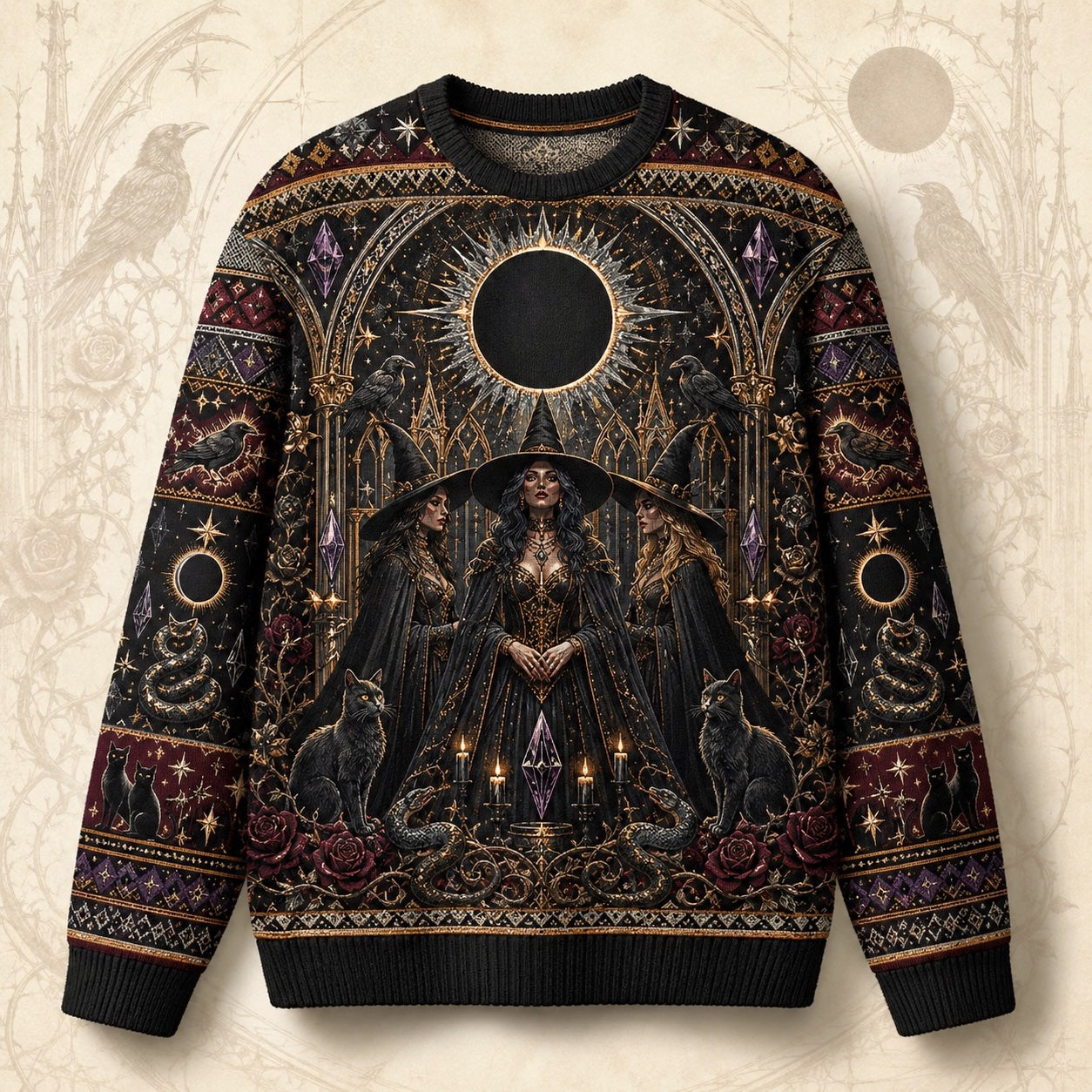 Eclipse Raven Sweater Hooded Figure Serpent Purple Occult Knit front view