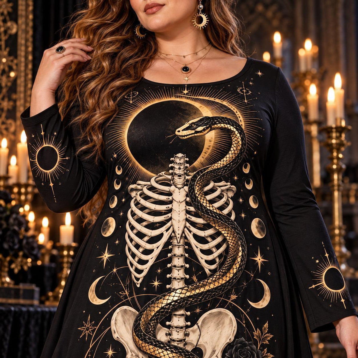 Eclipse Serpent Plus Size Witch Dress – Gothic Skeleton Long Sleeve Maxi – close up of the printed artwork