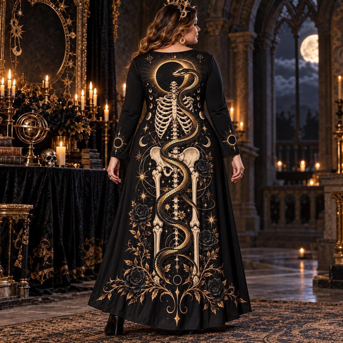 Eclipse Serpent Plus Size Witch Dress – Gothic Skeleton Long Sleeve Maxi – worn, back view