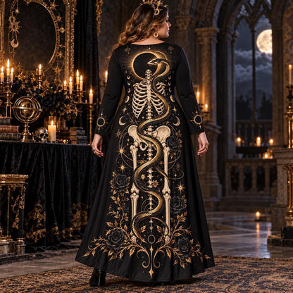 Eclipse Serpent Plus Size Witch Dress – Gothic Skeleton Long Sleeve Maxi – worn, back view