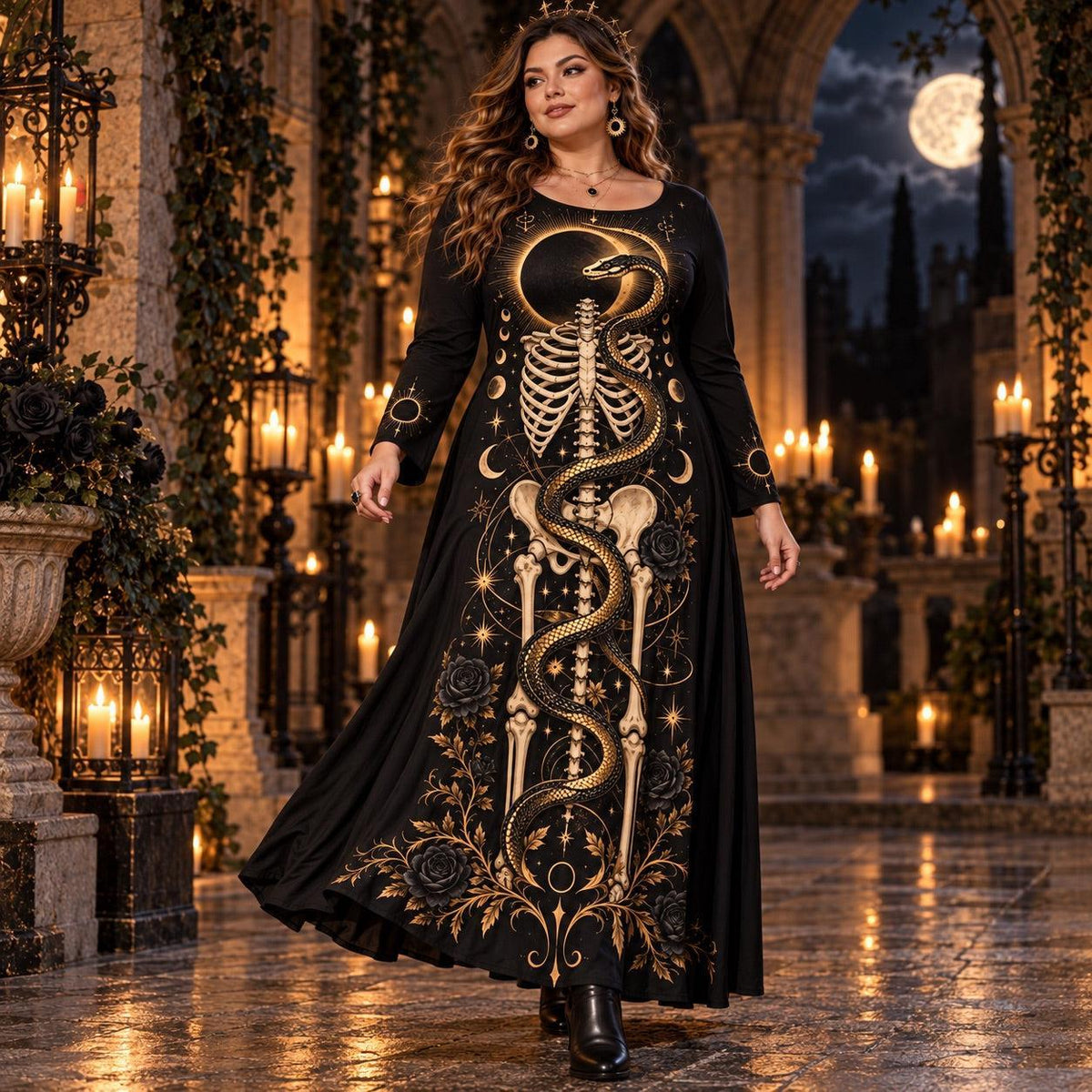 Eclipse Serpent Plus Size Witch Dress – Gothic Skeleton Long Sleeve Maxi – worn, in motion
