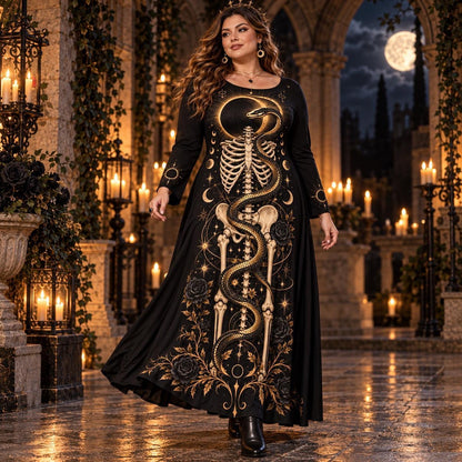 Eclipse Serpent Plus Size Witch Dress – Gothic Skeleton Long Sleeve Maxi – worn, in motion