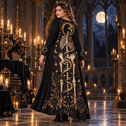 Eclipse Serpent Plus Size Witch Dress – Gothic Skeleton Long Sleeve Maxi – worn, three quarter view