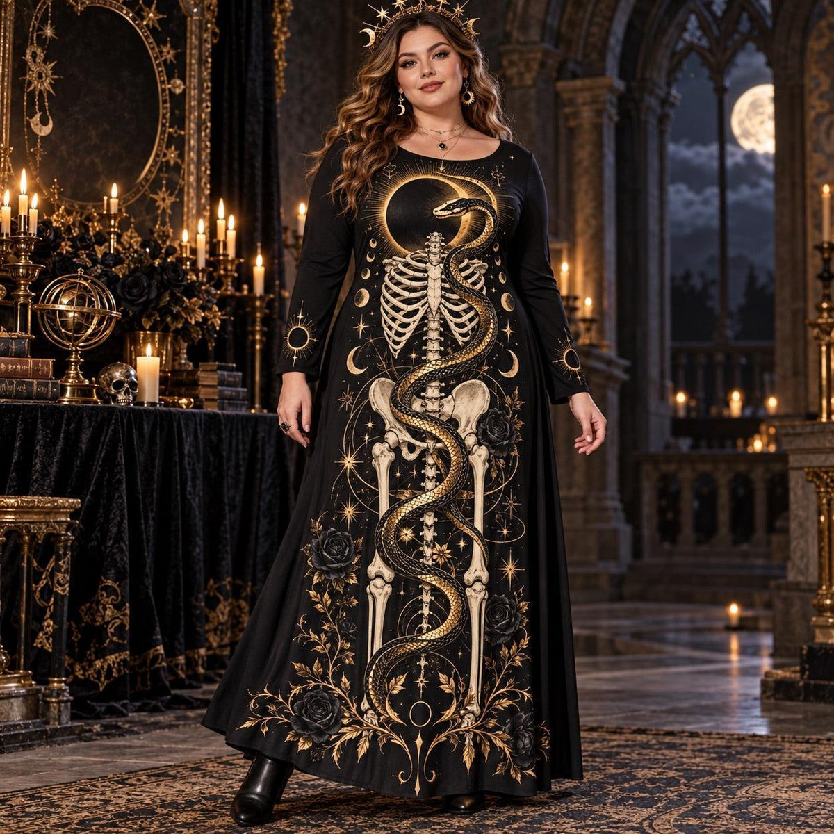 Eclipse Serpent Plus Size Witch Dress – Gothic Skeleton Long Sleeve Maxi – worn, front view