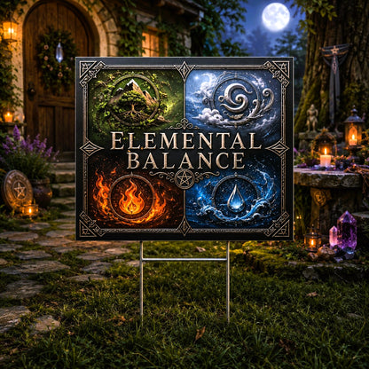 Elemental Balance Four Elements Symbols Wicca Yard Sign - front view