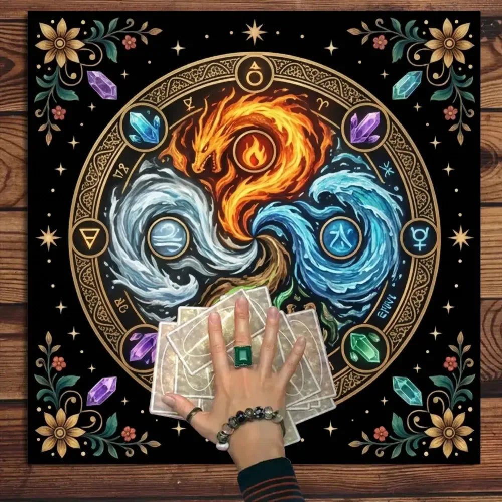 Four elements dragon mandala tarot mat – Wiccan Pagan elemental magic altar cloth