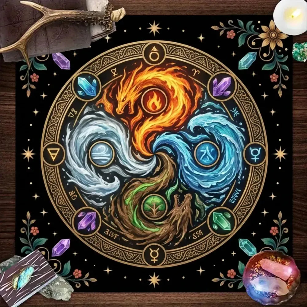 Elemental Dragon Mandala Altar Cloth with four elements fire water air earth – alchemy witchcraft tarot mat