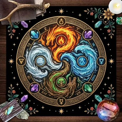 Elemental Dragon Mandala Altar Cloth with four elements fire water air earth – alchemy witchcraft tarot mat
