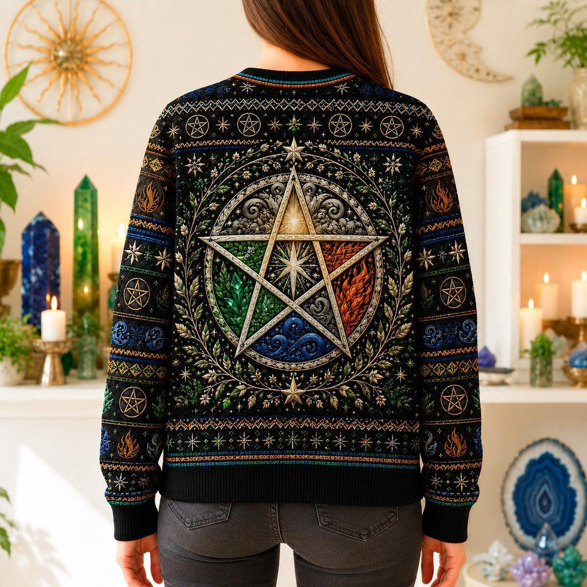 Elemental Pentacle Sweater Four Elements Wiccan Altar Knit worn, back view