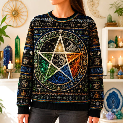 Elemental Pentacle Sweater Four Elements Wiccan Altar Knit worn, front view