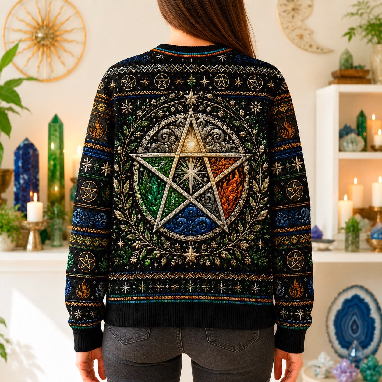 Elemental Pentacle Sweater Four Elements Wiccan Altar Knit worn, back view